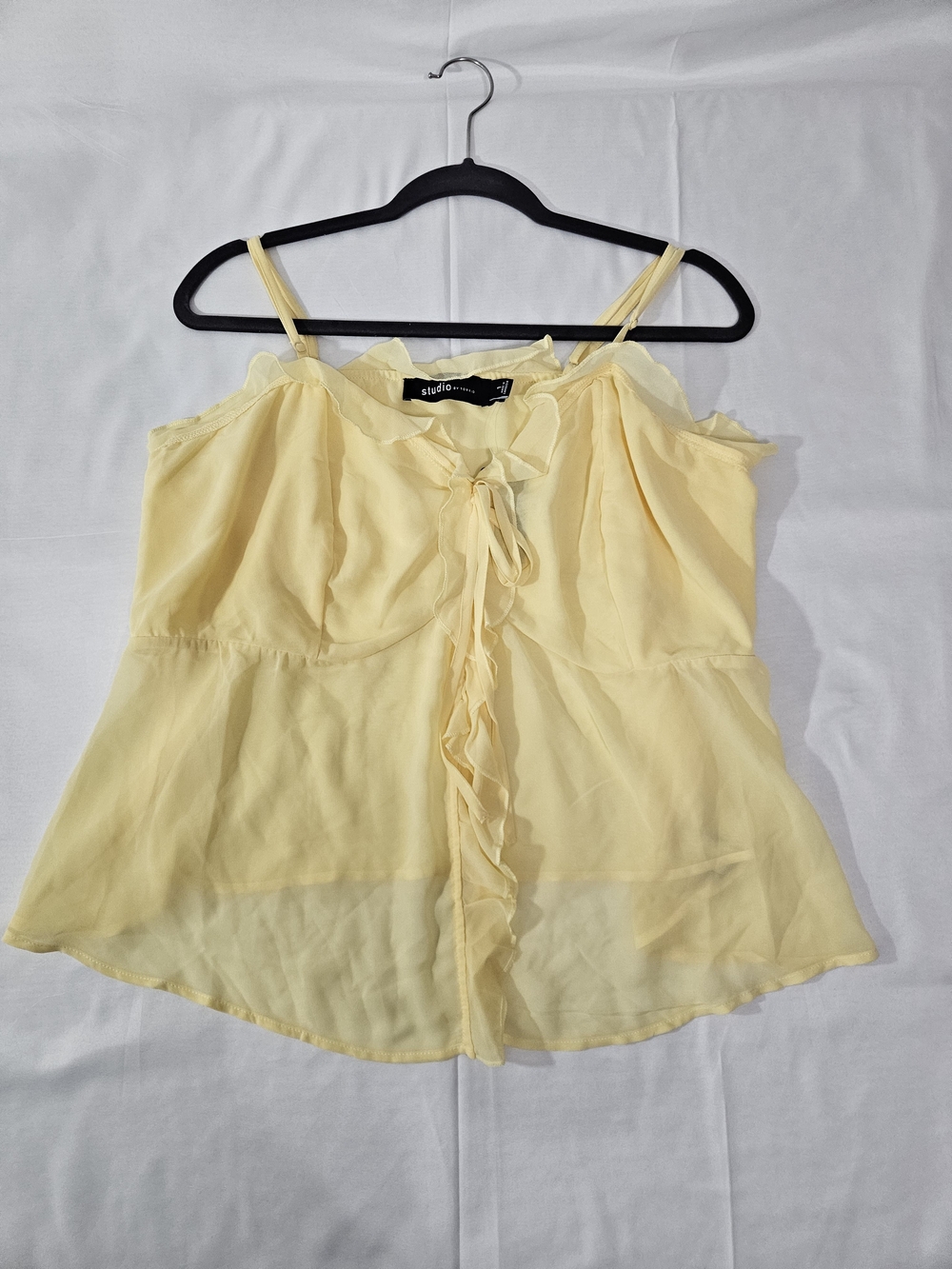 Studio... Women's Yellow Mesh Ruffle Front Spaghetti Strap Top